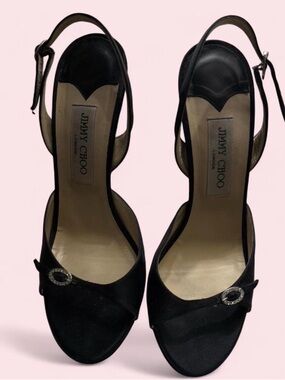 Jimmy Choo Black Satin Slingback Heels with Crystal Buckle